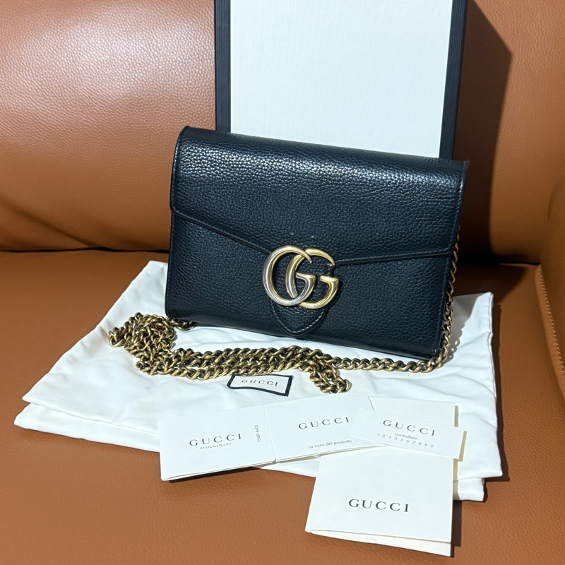GUCCI 古馳 GG Marmont WOC黑色皮革翻蓋錢包鏈式風琴包側背包-0