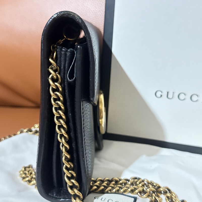 GUCCI 古馳 GG Marmont WOC黑色皮革翻蓋錢包鏈式風琴包側背包-6