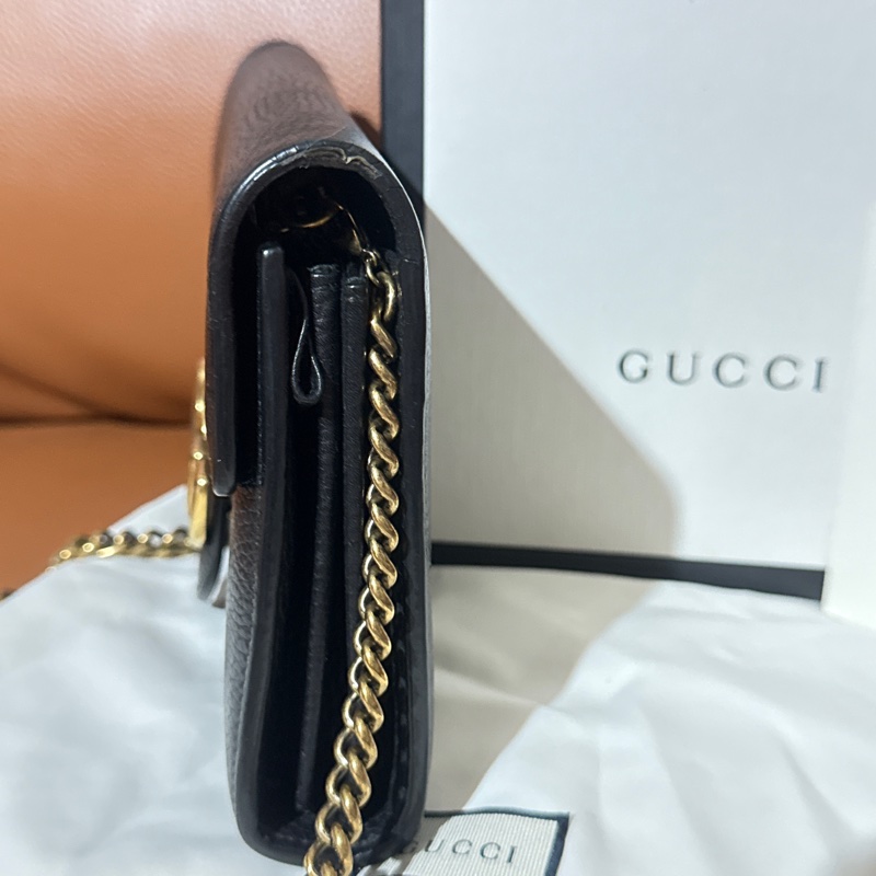 GUCCI 古馳 GG Marmont WOC黑色皮革翻蓋錢包鏈式風琴包側背包-7