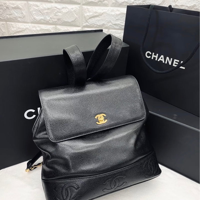 「JL精品代購」 9新 Chanel 香奈兒 黑金 雙肩包-0