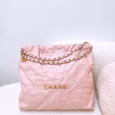 Chanel 22 托特 櫻花粉金釦中號