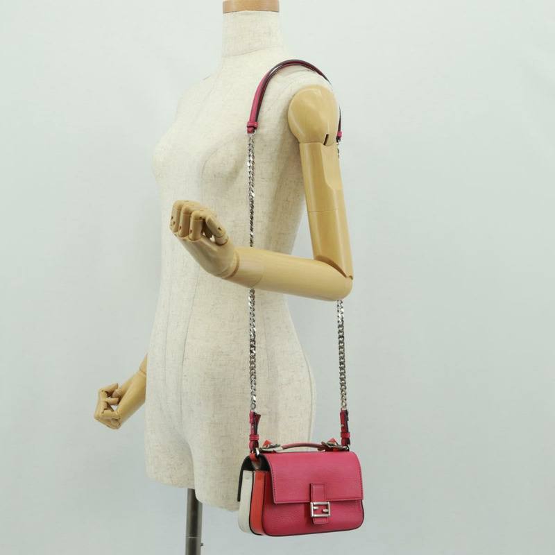【日本直送】FENDI 鏈條雙環迷你法國棍單肩包 皮革 粉紅色 銀色 正品 bs32459V-25