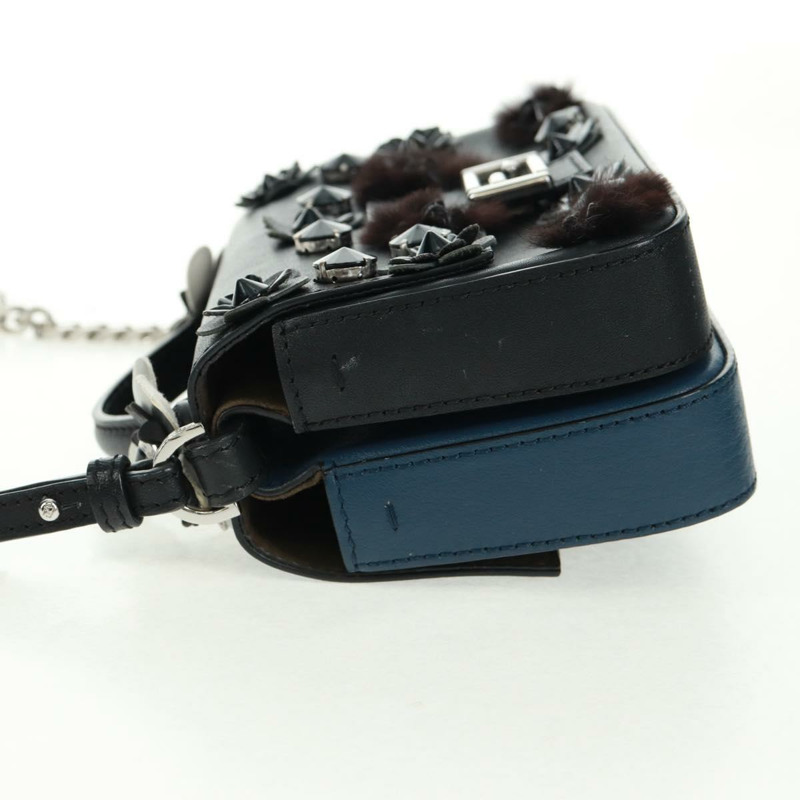 【日本直送】FENDI 雙鏈迷你法國包，皮革材質，黑色、藍色、銀色可選，正品 am10649V-2