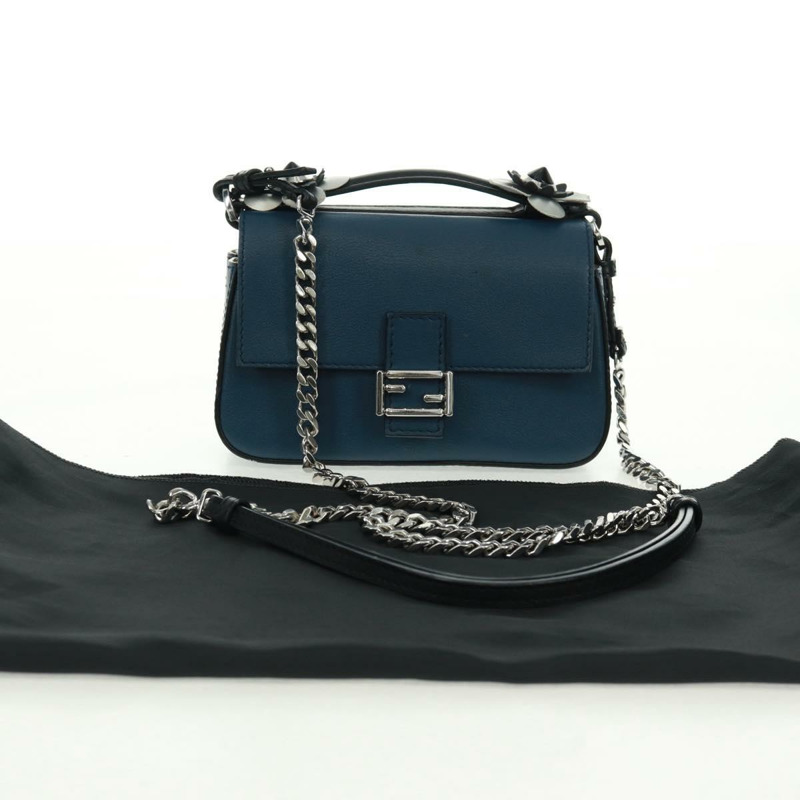 【日本直送】FENDI 雙鏈迷你法國包，皮革材質，黑色、藍色、銀色可選，正品 am10649V-11