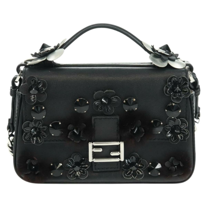 【日本直送】FENDI 雙鏈迷你法國包，皮革材質，黑色、藍色、銀色可選，正品 am10649V-12