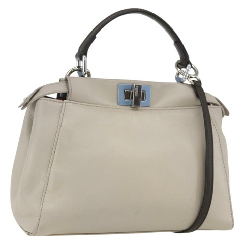 FENDI 迷你 Peek A Boo 手提包 皮革 兩用 米色 銀色 正品 ka1617M