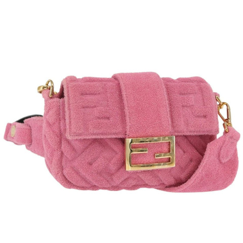 FENDI Zucca帆布迷你Mamma Baguette單肩包，兩用款，粉金配色，正品編號165907SM