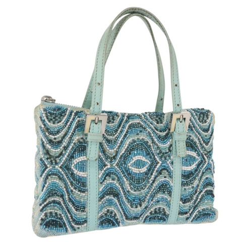 FENDI 串珠手袋 帆布 藍色 銀色 正品 165940SAV