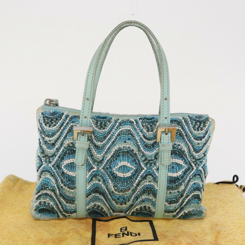 【日本直送】FENDI 串珠手袋 帆布 藍色 銀色 正品 165940SAV-11