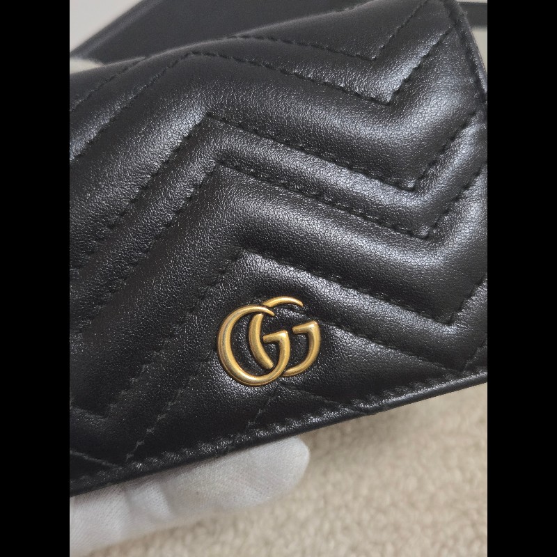 Gucci 古馳 GG Marmont 黑金絎縫皮革對折短夾/卡夾包 🈶原廠盒-1