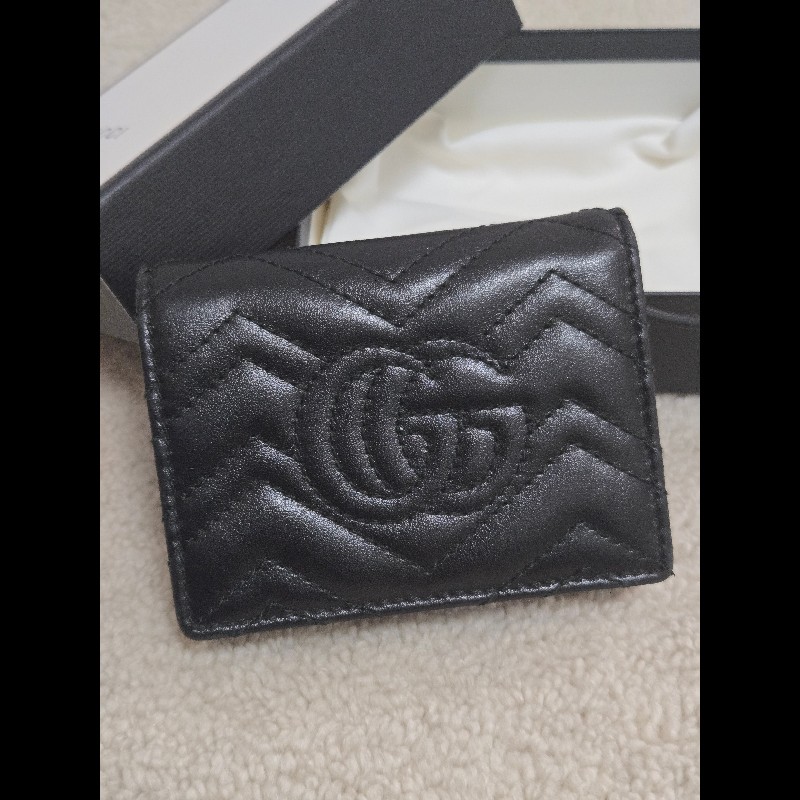 Gucci 古馳 GG Marmont 黑金絎縫皮革對折短夾/卡夾包 🈶原廠盒-2