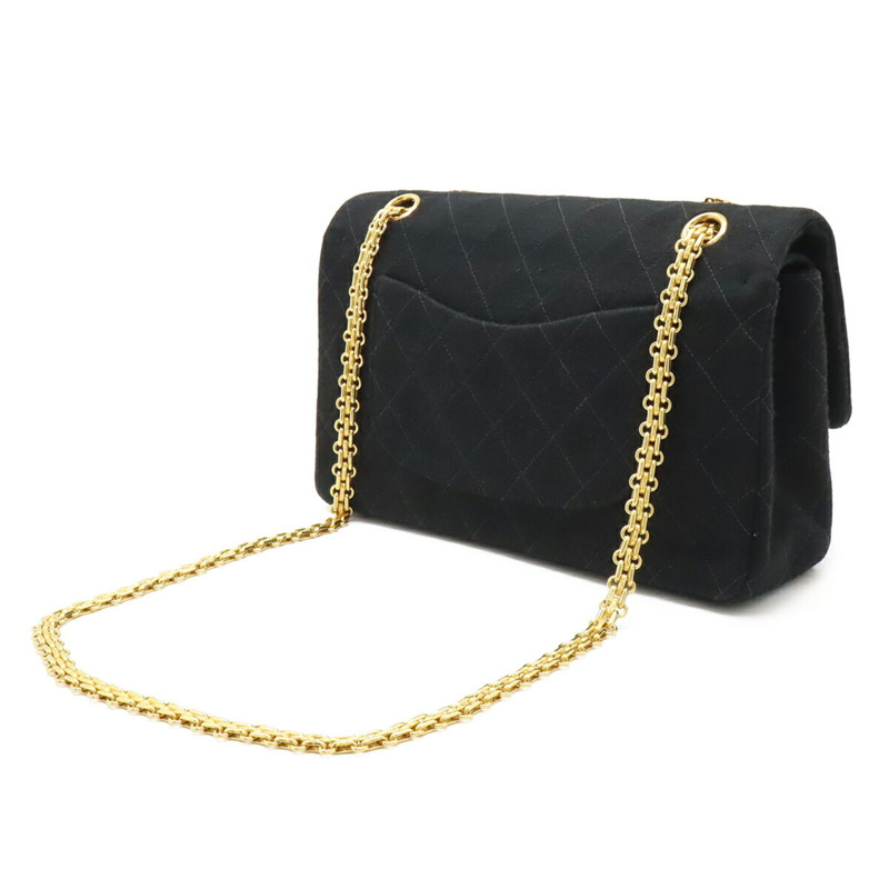 香奈兒 Matelasse 25 Coco Mark 雙蓋鏈條肩背包，黑色棉質針織布料，A01112-2