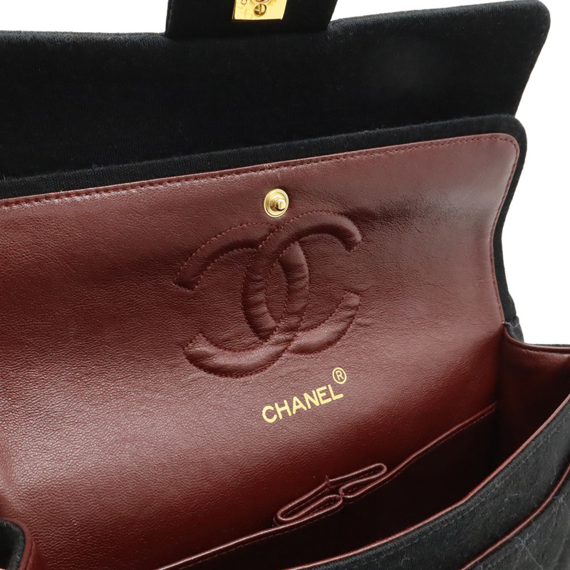 香奈兒 Matelasse 25 Coco Mark 雙蓋鏈條肩背包，黑色棉質針織布料，A01112-6