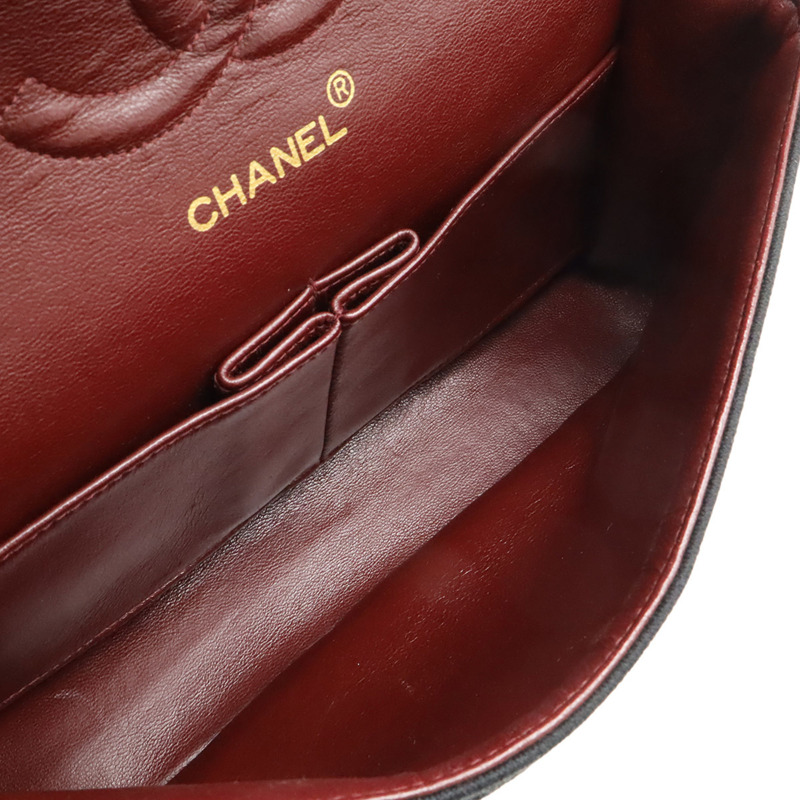 香奈兒 Matelasse 25 Coco Mark 雙蓋鏈條肩背包，黑色棉質針織布料，A01112-7