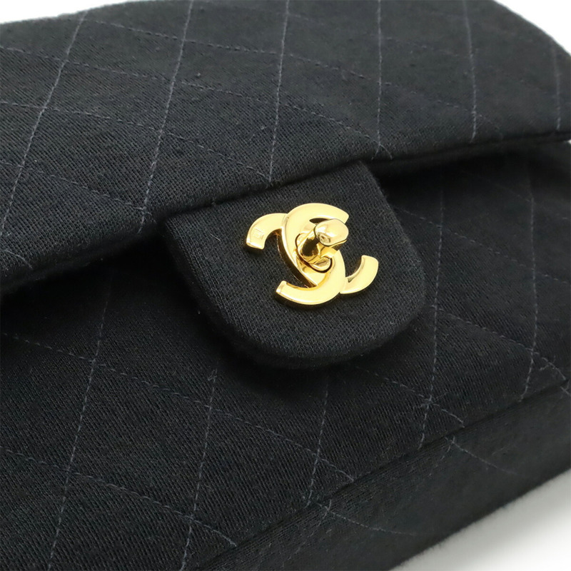 香奈兒 Matelasse 25 Coco Mark 雙蓋鏈條肩背包，黑色棉質針織布料，A01112-8