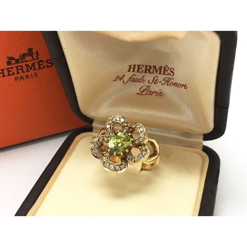 HERMES 愛馬仕 vintage 18K金 天然橄欖石 鑽石戒指-0