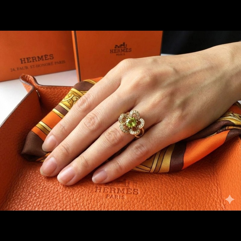 HERMES 愛馬仕 vintage 18K金 天然橄欖石 鑽石戒指-6