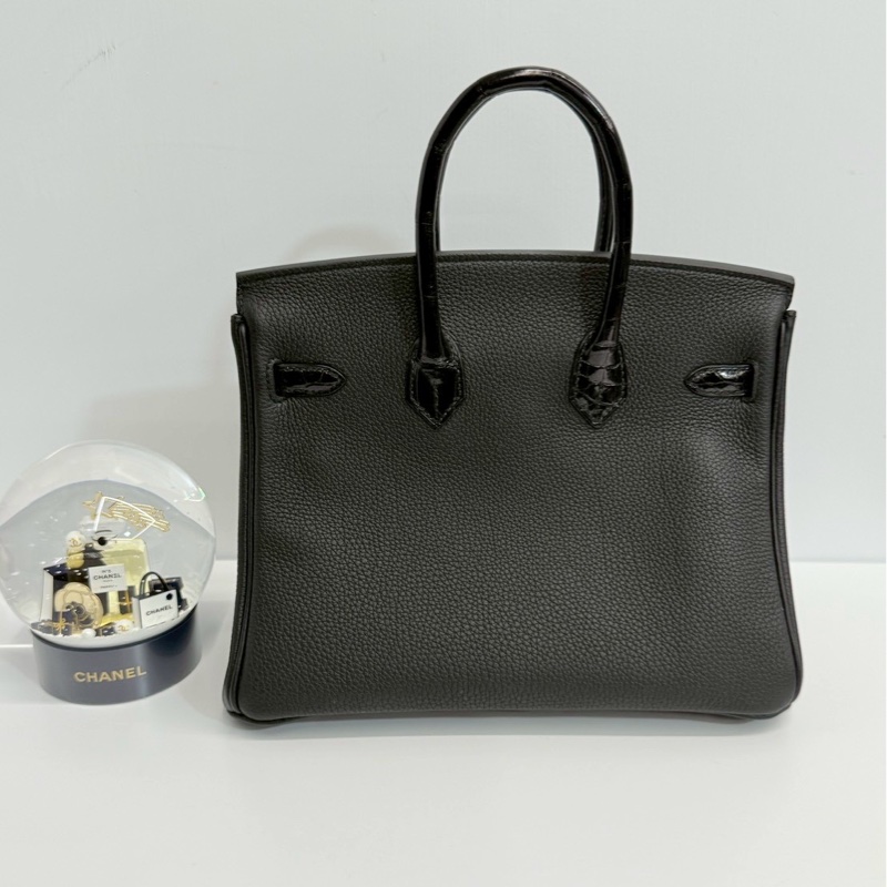 Hermes Birkin25 Touch 黑金拼鱷魚皮-1