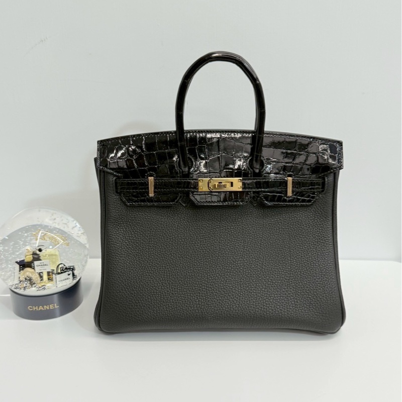 Hermes Birkin25 Touch 黑金拼鱷魚皮-2