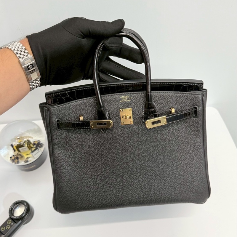 Hermes Birkin25 Touch 黑金拼鱷魚皮-5