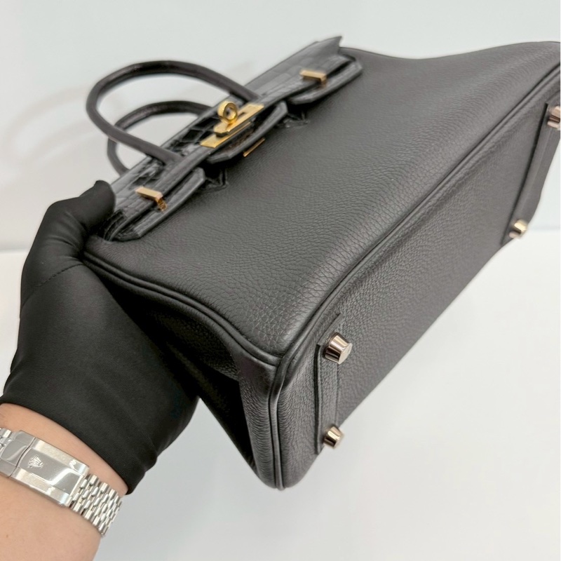 Hermes Birkin25 Touch 黑金拼鱷魚皮-11
