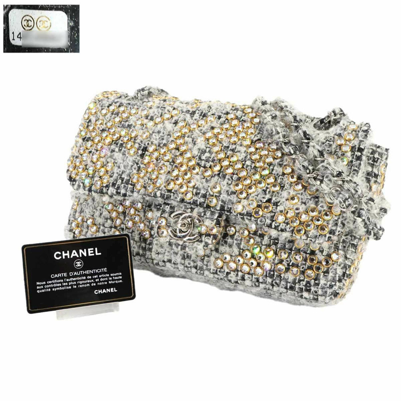 香奈兒斜紋軟呢鏈條肩背包，飾以水鑽，灰色、金色和銀色五金配件-1