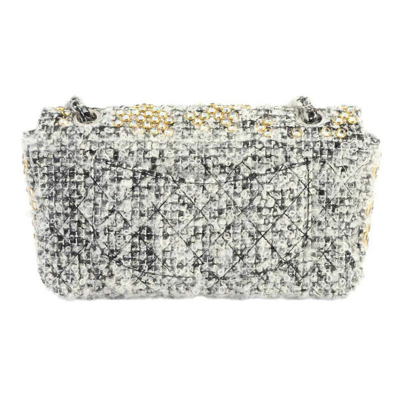 香奈兒斜紋軟呢鏈條肩背包，飾以水鑽，灰色、金色和銀色五金配件-2