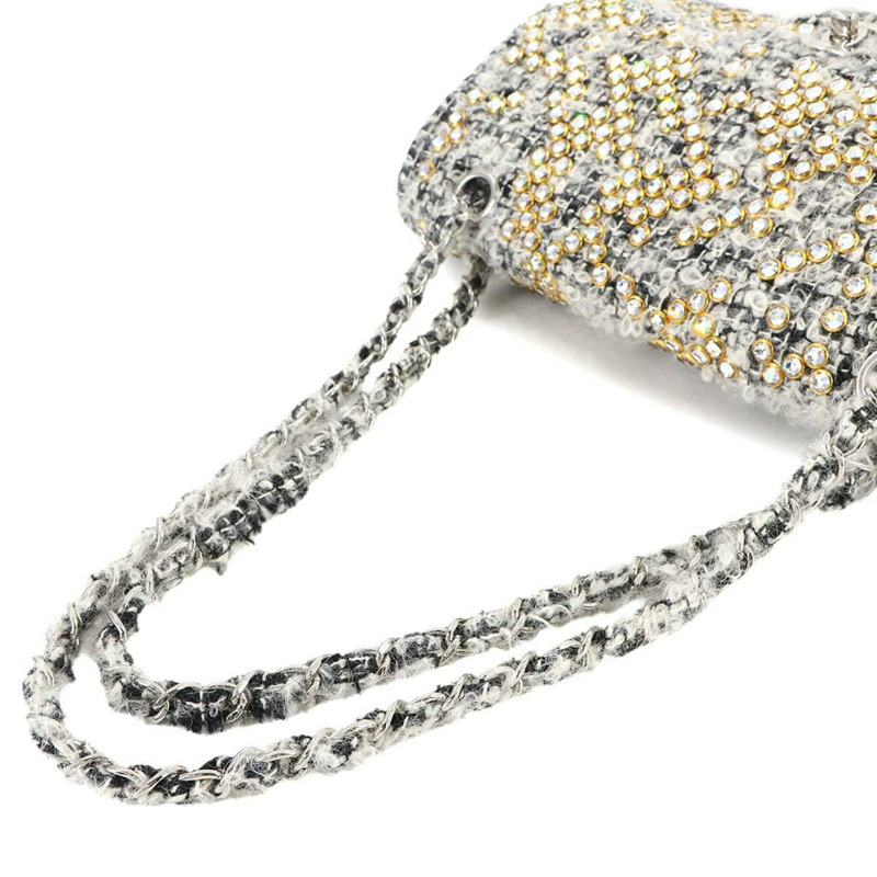 香奈兒斜紋軟呢鏈條肩背包，飾以水鑽，灰色、金色和銀色五金配件-5