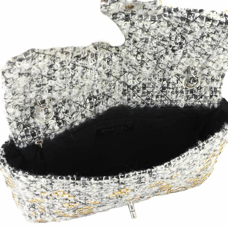 香奈兒斜紋軟呢鏈條肩背包，飾以水鑽，灰色、金色和銀色五金配件-6