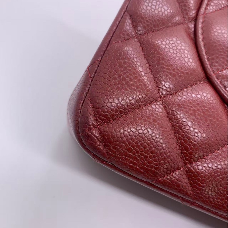 二手Chanel香奈兒jumbo紅色荔枝皮雙蓋銀扣鏈條包，鐳射15開-14