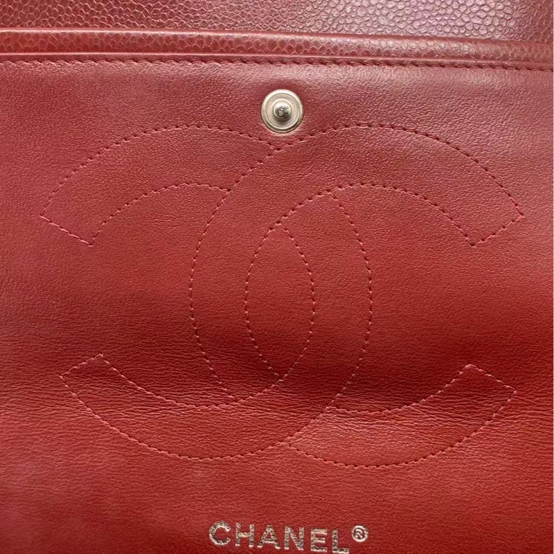 二手Chanel香奈兒jumbo紅色荔枝皮雙蓋銀扣鏈條包，鐳射15開-21