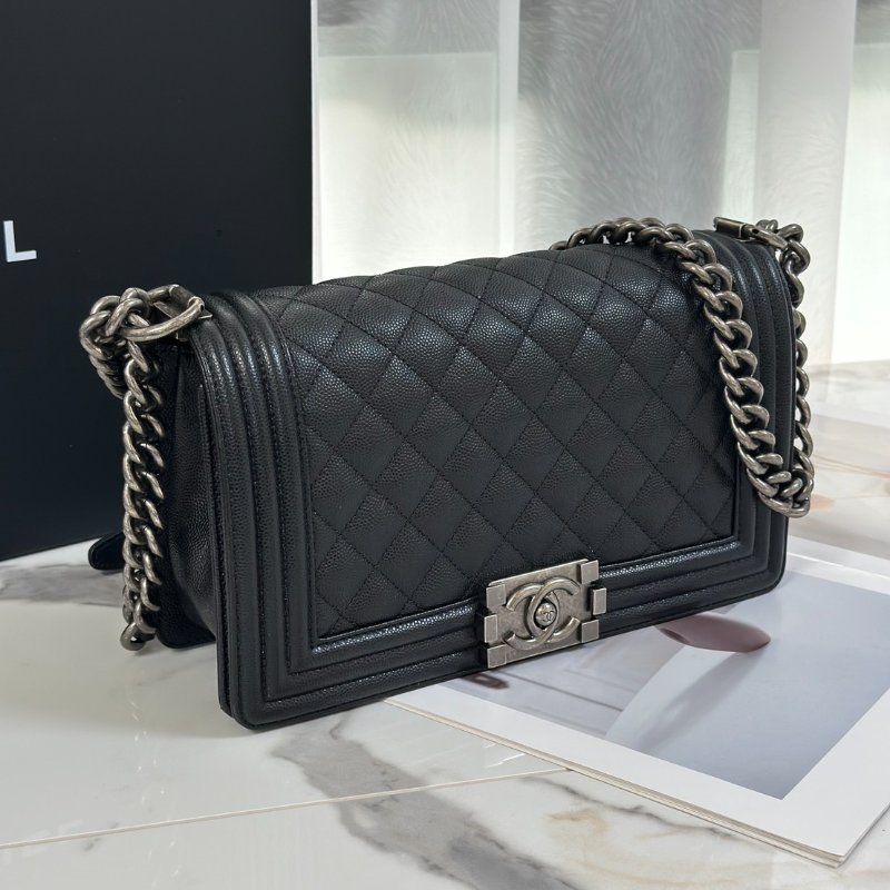CHANEL Boy25 粒面牛皮口蓋包 - 黑銀29開-2