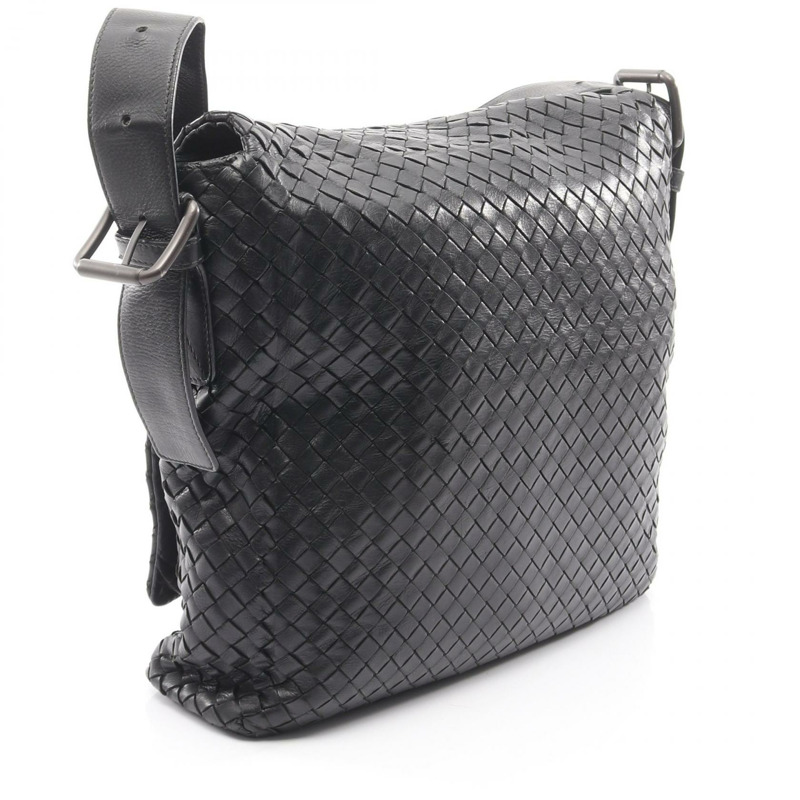 BOTTEGA VENETA Intrecciato 編織肩挎斜背包，黑色皮革，二手，男女通用-1