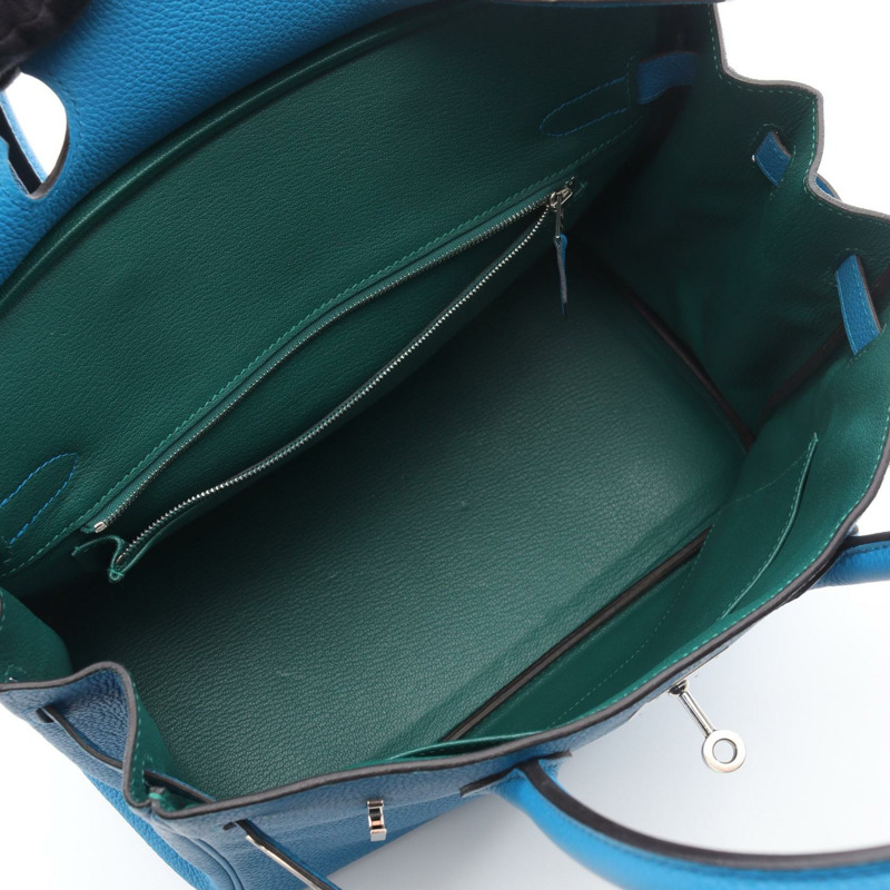 HERMES Birkin 30 Verso 手提包 A Togo 皮革 藍色桑給巴爾孔雀石 二手 SHW-2