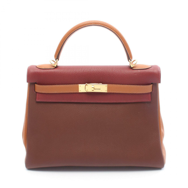 愛馬仕 Kelly 32 三色肩背包 F Taurillon Clemenc 棕色 Rouge H GHW-0