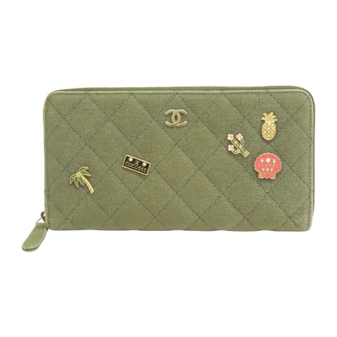 綠色 菱格紋 牛仔布 拉鍊長夾 A82370【CHANEL 香奈兒】 A82370