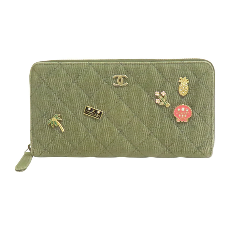 綠色 菱格紋 牛仔布 拉鍊長夾 A82370【CHANEL 香奈兒】 A82370-0