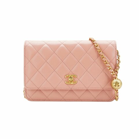 Chanel 展示品 金雙C菱格紋羊皮金球woc手拿/斜背包(AP1450-粉)