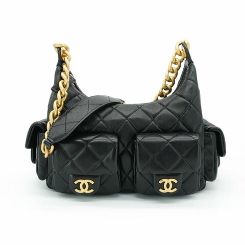 Chanel 菱格羊皮粗金鍊肩背流浪包(AS5339-黑)