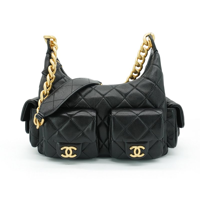 Chanel 菱格羊皮粗金鍊肩背流浪包(AS5339-黑)-0