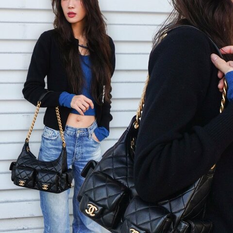 Chanel 菱格羊皮粗金鍊肩背流浪包(AS5339-黑)