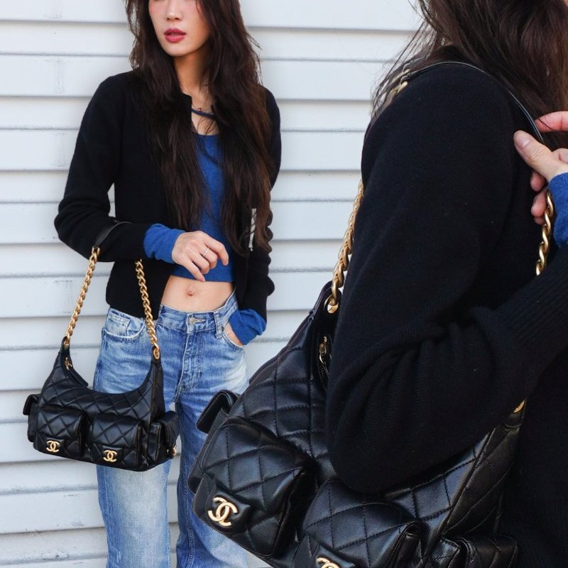 Chanel 菱格羊皮粗金鍊肩背流浪包(AS5339-黑)-0