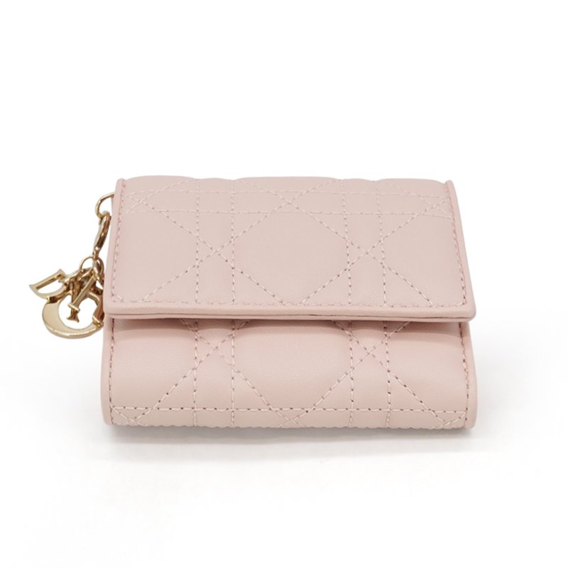 Dior Lidy Dior 藤格紋羊皮釦式三折小短夾(粉)-3