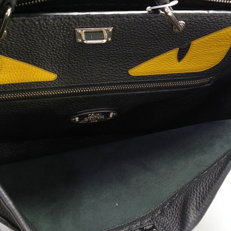 FENDI Peekaboo中號黑色牛皮小怪獸單肩包銀色五金可拆卸肩帶 9.8新-6