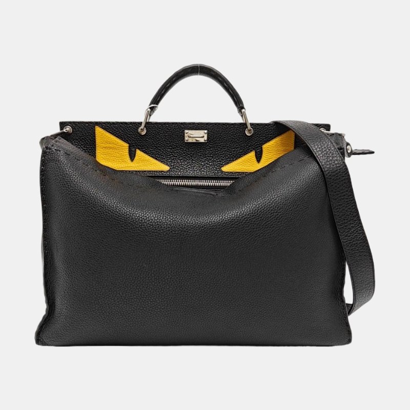 FENDI Peekaboo中號黑色牛皮小怪獸單肩包銀色五金可拆卸肩帶 9.8新-7