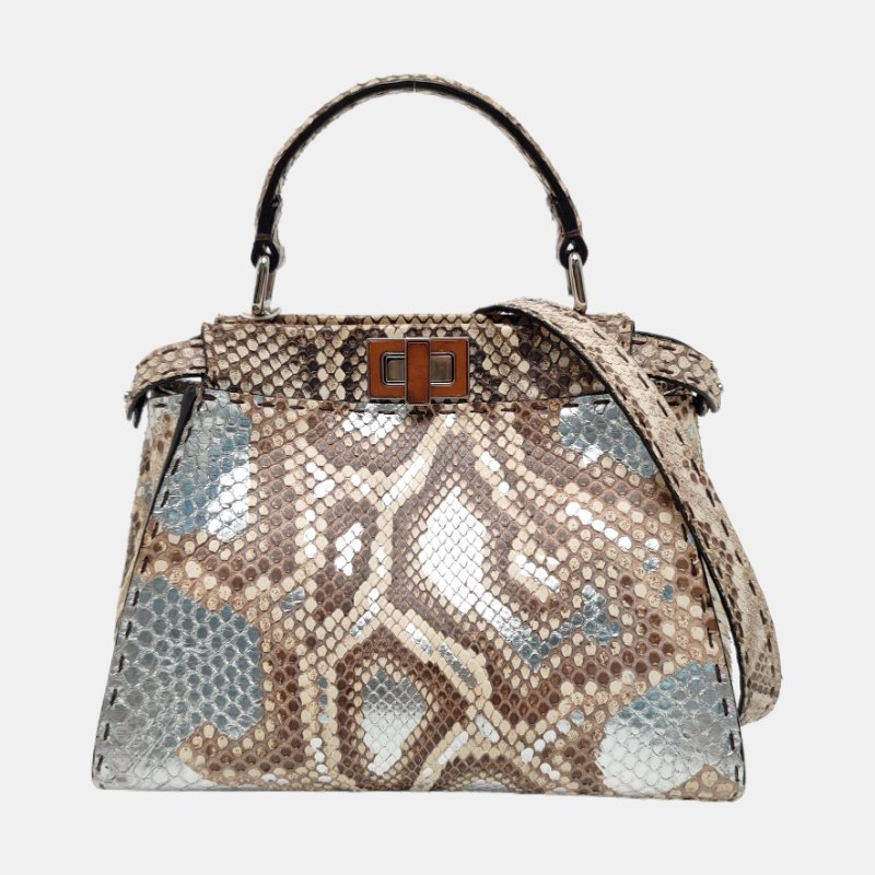FENDI Peekaboo多色蛇皮壓紋單肩包銀色五金可拆卸肩帶 9.8新-7