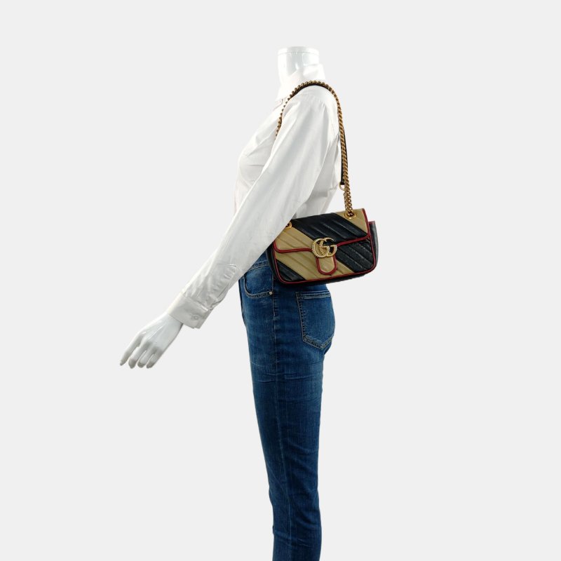GUCCI GG Marmont小號拼色牛皮絎縫斜紋單肩包斜挎包金色五金 9.8新-1