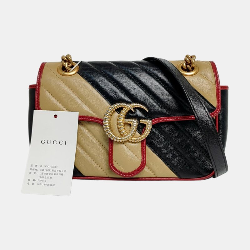 GUCCI GG Marmont小號拼色牛皮絎縫斜紋單肩包斜挎包金色五金 9.8新-7