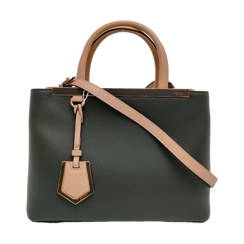 FENDI 2 Jours綠色牛皮單肩包斜挎包手提包金色五金可拆卸肩帶 9.8新-0