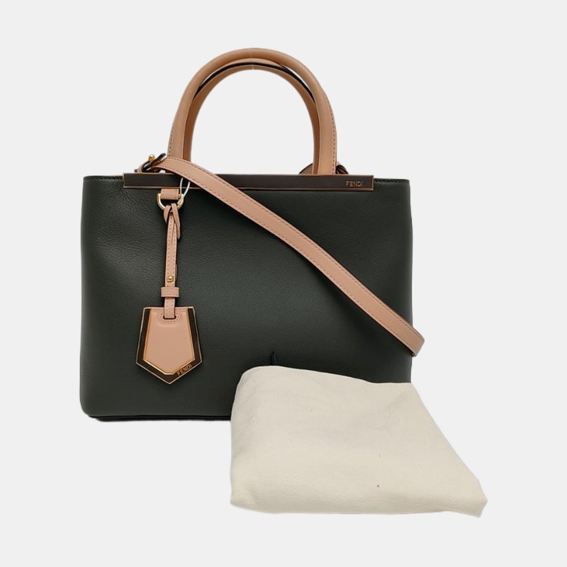 FENDI 2 Jours綠色牛皮單肩包斜挎包手提包金色五金可拆卸肩帶 9.8新-7